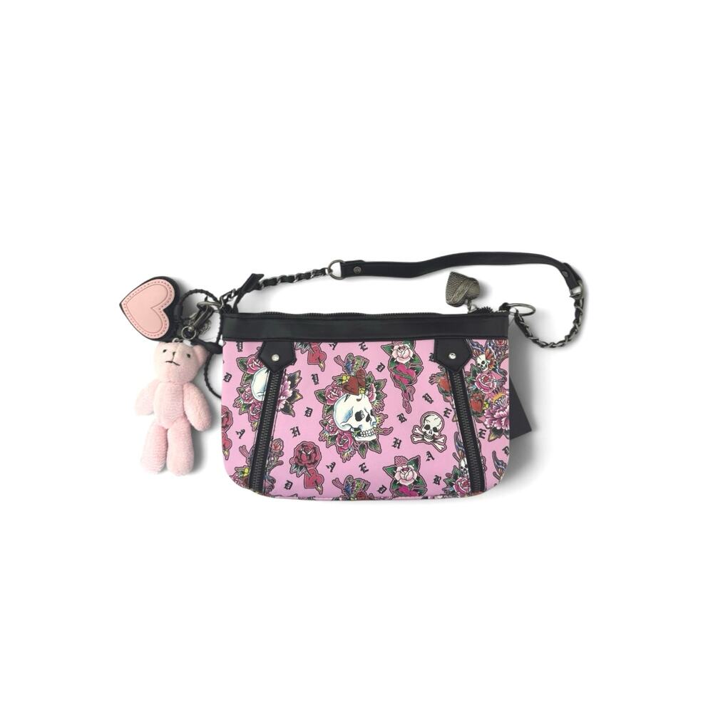 Ed Hardy Pink Tattoo baquete Shoulder Bag Skull, Rose Graphics, Charms Zip